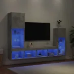 Sieninė TV sekcija su LED, 4 dalių, betono, apdirbta mediena