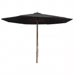 Lauko skėtis nuo saulės su mediniu stulpu, juodas, 350cm