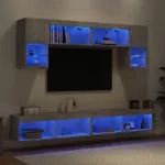 Sieninė TV sekcija su LED, 6 dalių, betono, apdirbta mediena