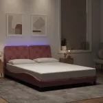 Lovos rėmas su LED be čiužinio, rožinės spalvos, 120x200cm, aksomas