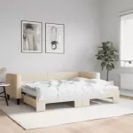 Lova su i&scaron;traukiama dalimi/čiužiniu, kreminė, 80x200cm, audinys