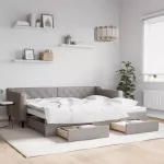 Lova su i&scaron;traukiama dalimi/stalčiais, taupe, 90x200cm, audinys