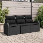 Sodo Sofų Rinkinys su saugykla 3 pcs Juoda Poli ratanas