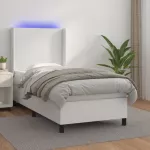 Lova su spyruoklėmis/čiužiniu/LED, balta, 90x190cm dirbtinė oda