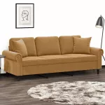Trivietė sofa su pagalvėlėmis, rudos spalvos, 180cm, aksomas