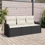 Sodo Sofų Rinkinys su saugykla 3 pcs Juoda Poli ratanas