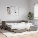 Lova su i&scaron;traukiama dalimi/stalčiais, taupe, 90x200cm, audinys