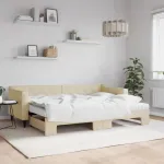 Lova su i&scaron;traukiama dalimi/čiužiniu, kreminė, 80x200cm, audinys