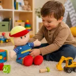Lėlė-maskotė, pliu&scaron;inis mylimukas, edukacinis žaislas &mdash; mokymosi rengtis žaislas berniukui