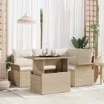 Sodo Sofų Rinkinys su pagalve 5 pcs Smėlio Poli ratanas