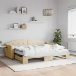 Lova su i&scaron;traukiama dalimi/čiužiniu, kreminė, 90x200cm, audinys