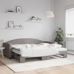 Lova su i&scaron;traukiama dalimi/čiužiniu, taupe, 90x200cm, audinys