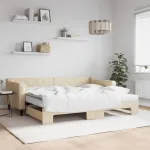Lova su i&scaron;traukiama dalimi/čiužiniu, kreminė, 90x200cm, audinys