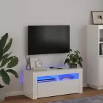 TV spintelė su LED ap&scaron;vietimu, balta, 90x35x40cm, blizgi