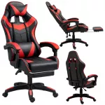 Žaidimų kėdė su kojų atrama, ergonomi&scaron;ka, juoda su raudonomis detalėmis