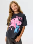Sinsay - Oversize medvilniniai mar&scaron;kinėliai su Stitch ra&scaron;tu nugaroje - tamsiai pilka