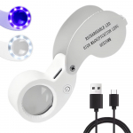 Sulankstoma juvelyrinė lupa 60x su LED ir UV ap&scaron;vietimu, kraunama per USB, sidabrinė