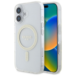 Guess dėklas iPhone 16 Plus telefonui IML Glitter Circle MagSafe, skaidrus