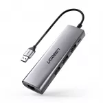 Ugreen CM266 5in1 USB &scaron;akotuvas USB-A į RJ45, 3x USB-A 3.0, micro USB, pilkas