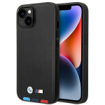 BMW dėklas iPhone 14 Plus telefonui Leather Stamp Tricolor, juodas