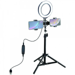 16 cm LED žiedinė lempa su stovu iki 70 cm ir dvigubu telefono laikikliu, USB