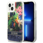 Guess Flower Liquid Glitter dėklas telefonui iPhone 14 Plus, mėlynas