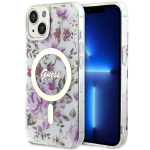 Guess dėklas iPhone 14 Plus telefonui Flower MagSafe, skaidrus