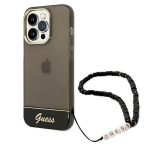 Guess Translucent Pearl Strap dėklas iPhone 14 Pro Max telefonui, juodas