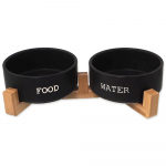 Dog Fantasy Water & Food dubenėlių komplektas &scaron;unims su bambukiniu stovu, juodas, 2 x 0,85 l
