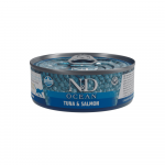 Farmina N&D Natural & Delicious Kitten konservai kačiukams, nė&scaron;čiosioms ir žindančioms katėms su tunu, menke, la&scaron;i&scaron;a ir krevetėmis, 70 g