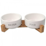 Dog Fantasy Water & Food Bowl White Set With Bamboo Stand M stovas su keraminiais dubenėliais &scaron;unims, 2 x 0.85 l