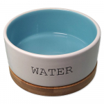 Dog Fantasy Ceramic Water Bowl With Bamboo Stand S keraminis vandens dubenėlis &scaron;unims su bambukiniu stovu, balta/mėlyna, 0,4 l
