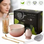 Matcha paruo&scaron;imo rinkinys su bambukine &scaron;luotele, dubenėliu ir sieteliu, rožinis