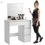 Kosmetinis staliukas Funfit su dideliu veidrodžiu ir 4 stalčiais, baltas, 80 &times; 40 &times; 131,5 cm