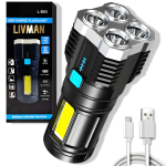 USB įkraunamas LED žibintuvėlis LIVMAN L-S03 su ypač ry&scaron;kiu OSL ir COB LED ap&scaron;vietimu bei 4 ap&scaron;vietimo režimais, 1200 mAh, juodas