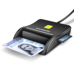AXAGON kompakti&scaron;kas stacionarus USB kontaktinis Smart/ID ir SD/microSD/SIM kortelių skaitymo įrenginys su ilgu USB-A kabeliu CRE-SM3SD