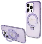 Guess GUHMP14XHRSGSU Aizsargapvalks priek&scaron; iPhone 14 Pro Max 6.7" ar gredzenu- statīvu Script Glitter MagSafe / violets