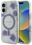 Case Guess Resin Flowers Glitter MagSafe Aizsargapvalks priek&scaron; iPhone 16 / violets