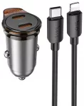 HOCO NZ16B automobilinis įkroviklis | 45W | PD, QC | USB-C | su USB-C į Lightning laidu komplekte | pilkas