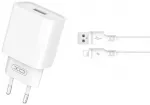 XO CE02D kelioninis įkroviklis | 18W | QC | USB-A | su USB-A į Lightning laidu komplekte | baltas