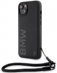 BMW BMHCP15S23RMRLK Signature Leather Wordmark Cord telefono dėklas iPhone 15 | iPhone 14 | iPhone 13 juodas