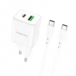 Borofone BN7 kelioninis įkroviklis | 20W | QC3.0, PD | USB-A, USB-C | su USB-C į USB-C kabeliu komplekte | baltas