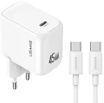 USAMS CC339 T76 kelioninis įkroviklis | 45W | GaN | USB-C | su USB-C į USB-C laidu komplekte | baltas