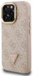 Guess PU 4G Strass Triangle Logo Stand Camera Frame MagSafe Case Aizsargapvalks priek&scaron; iPhone 15 Pro Max / rozā