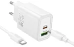 Telefono ikroviklis Hoco USB A + USB C QC3.0 PD 3A 30W + laidas USB C i USB C N63 baltas