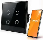 Qoltec Smart Touch 4-Gang Light Switch | Wi-Fi | Timer | Tuya | Smart Life | Tempered Glass | Black