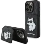 Karl Lagerfeld KLHCP15XSAKCNSCK iPhone 15 Pro Max 6.7" juodas kietas dėklas i&scaron; Saffiano odos su kortelių skyriais, stovu ir &bdquo;Choupette&ldquo; monograma