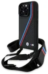 BMW BMHCP16L23PSVTK Aizsargapvalks priek&scaron; iPhone 16 Pro 6.3" M Edition Carbon Tricolor Lines & Strap / melns