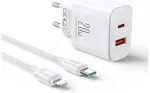 Joyroom JR-TCF05 20W USB-C | USB-A greitas dviejų prievadų sieninis įkroviklis &ndash; baltas + USB-C &ndash; Lightning 1m