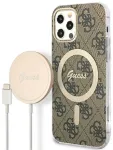 Guess Set GUBPP12MH4EACSW Case+ Charger Aizsargapvalks priek&scaron; iPhone 12/12 Pro / brūns hard case 4G Print MagSafe